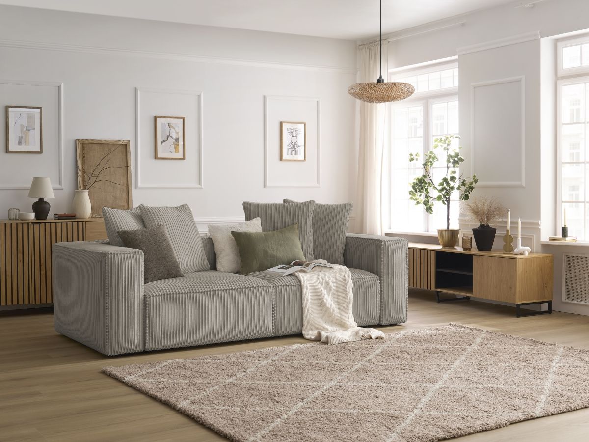 Canapé droit 3 places NINA velours côtelé taupe