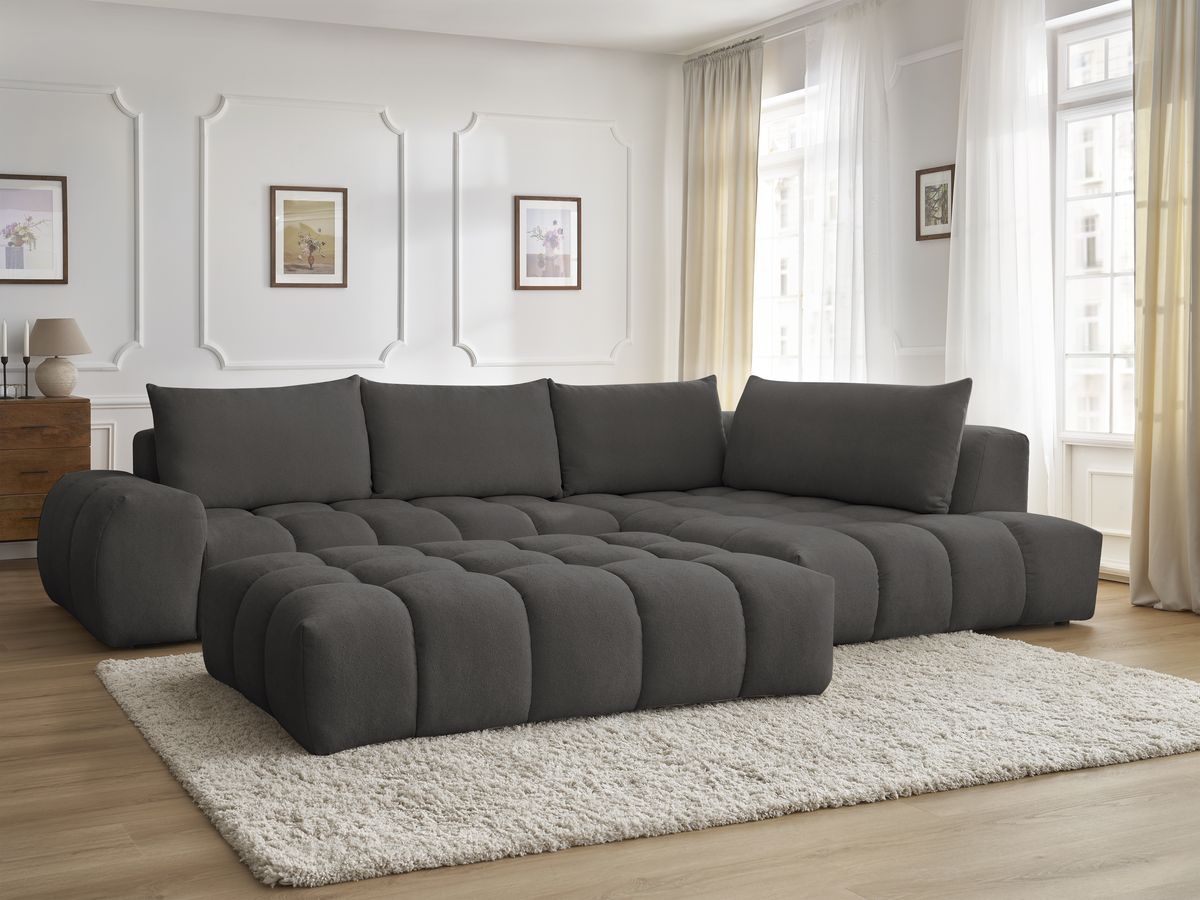 Canapé d'angle fixe EVEREST tissu texturé avec pouf