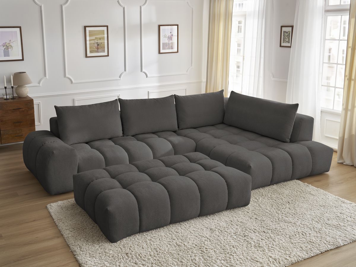 Canapé d'angle fixe EVEREST tissu texturé avec pouf