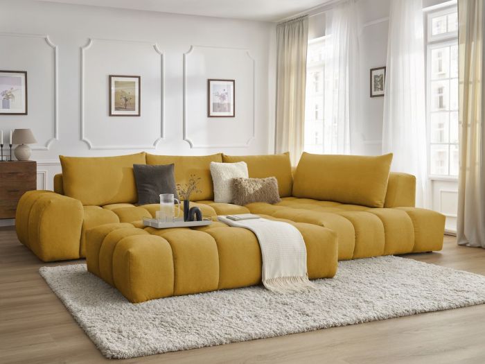 Canapé d'angle fixe EVEREST tissu texturé avec pouf