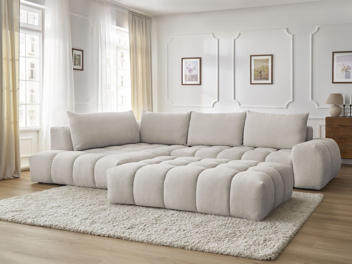 Canapé d'angle fixe EVEREST tissu texturé avec pouf | BOBOCHIC