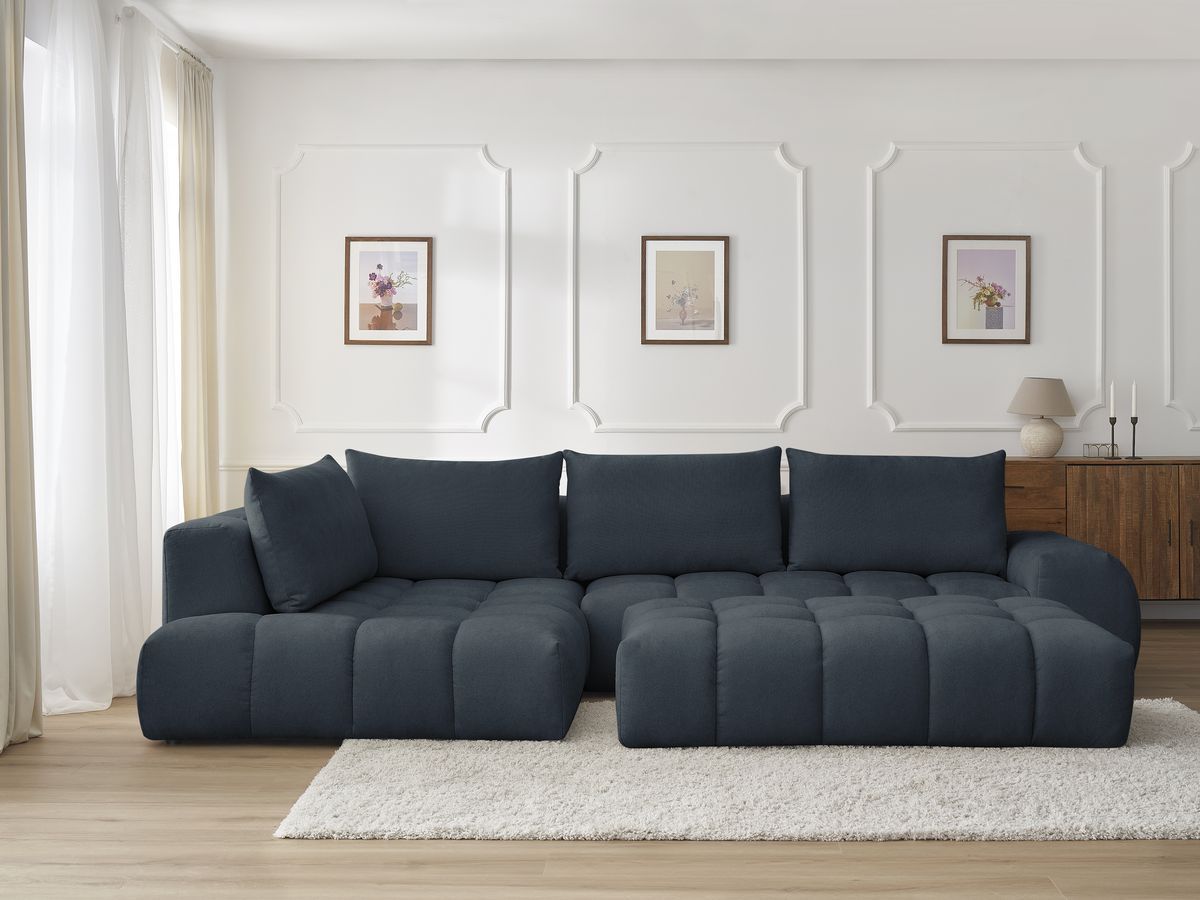 Canapé d'angle fixe EVEREST tissu texturé avec pouf bleu foncé angle gauche BOBOCHIC 5 places - Vue supplémentaire 3