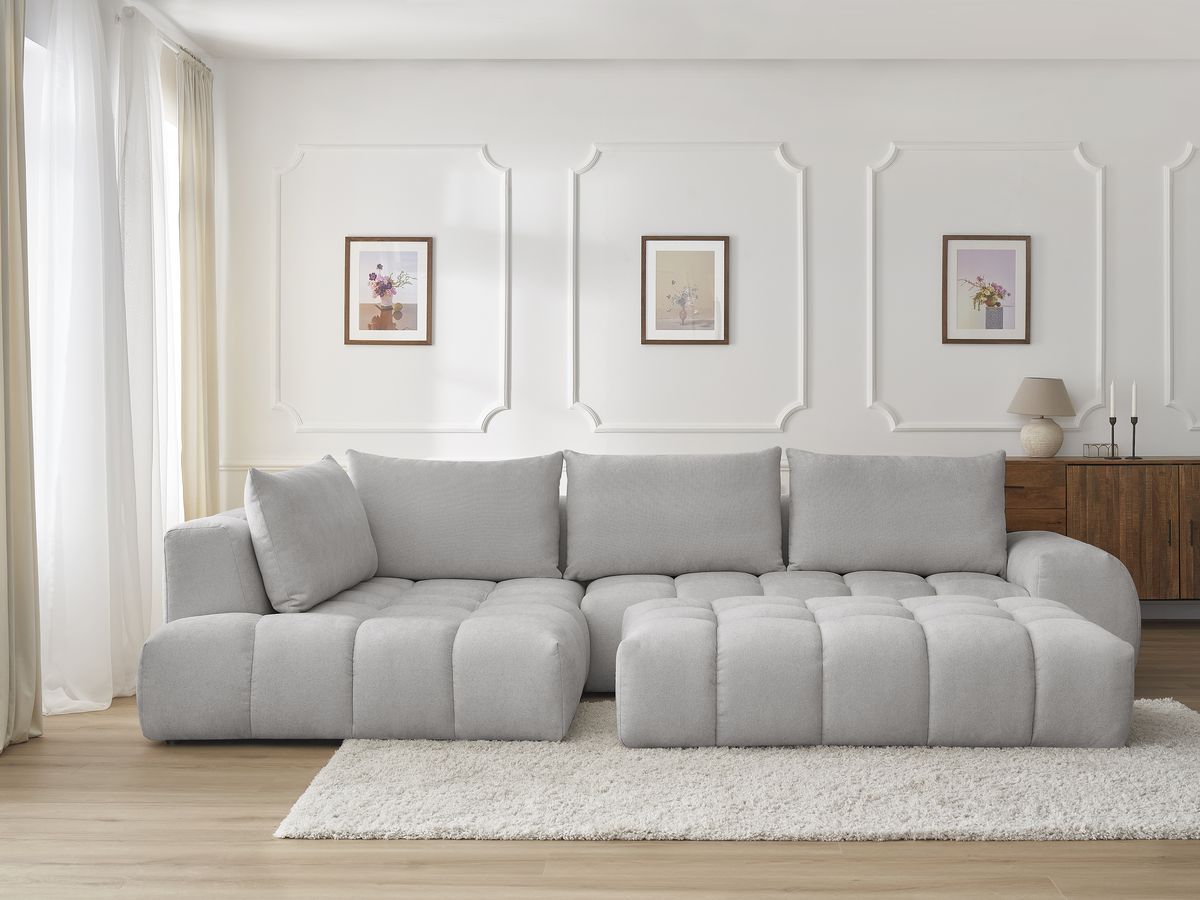 Canapé d'angle fixe EVEREST tissu texturé avec pouf gris clair angle gauche BOBOCHIC 5 places - Vue supplémentaire 3