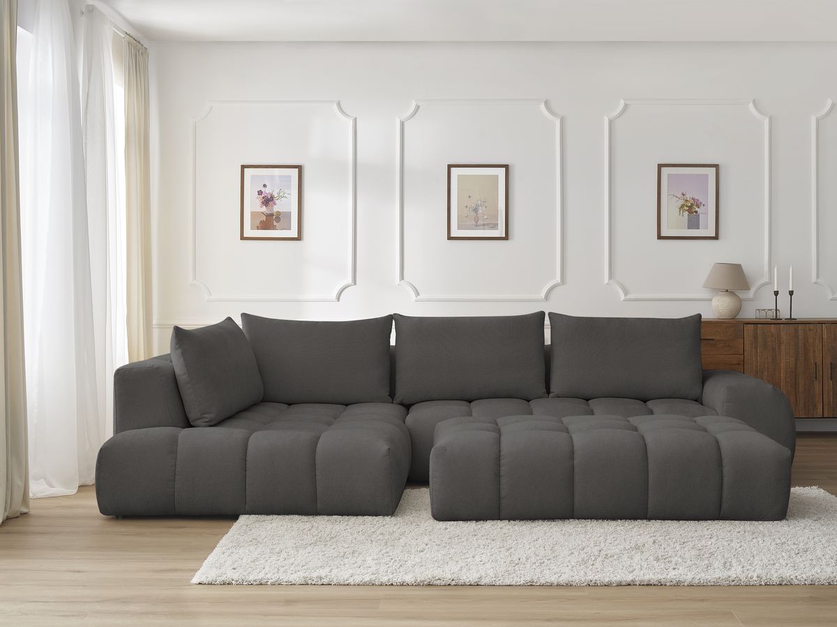 Canapé d'angle fixe EVEREST tissu texturé avec pouf gris foncé angle gauche BOBOCHIC 5 places - Vue supplémentaire 3