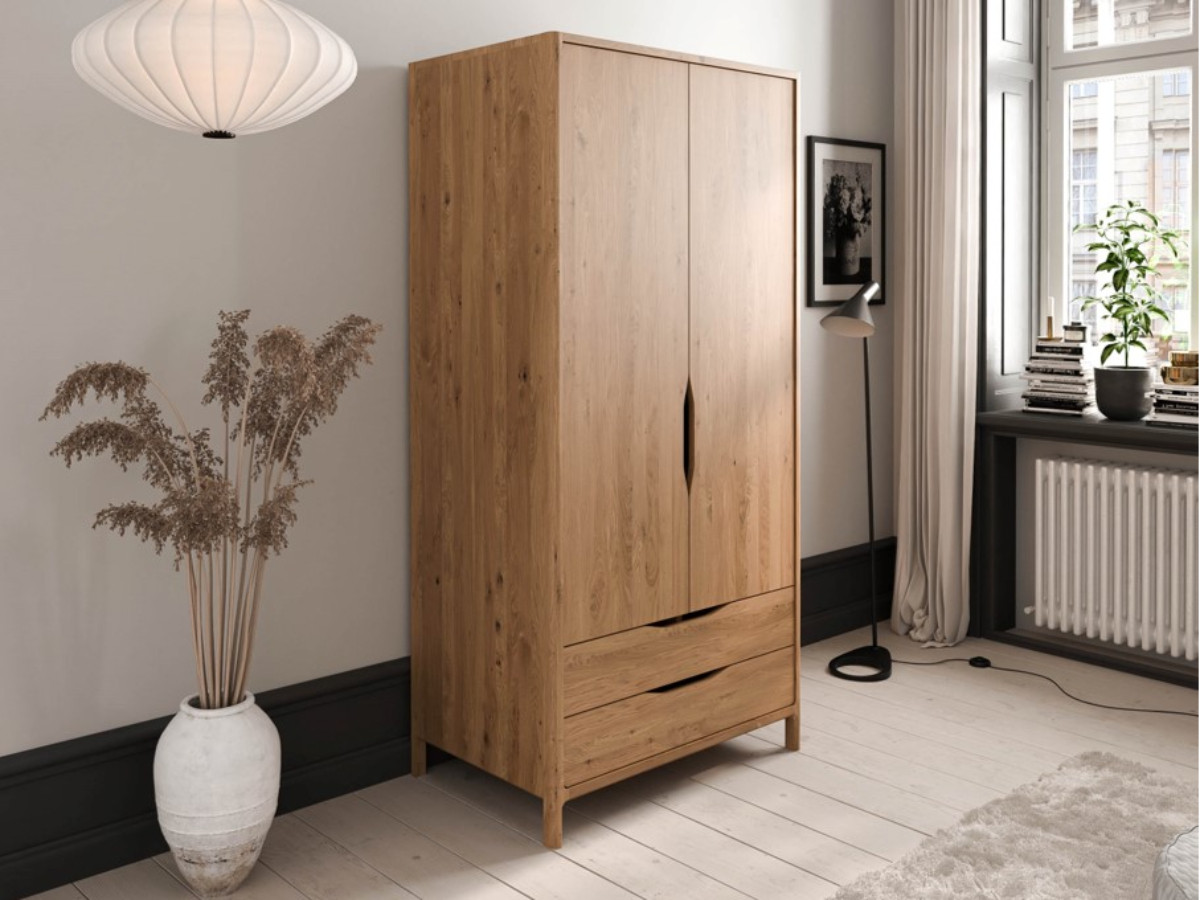 Armoire SOLENE chêne massif 95 cm 2 portes 2 tiroirs    BOBOCHIC