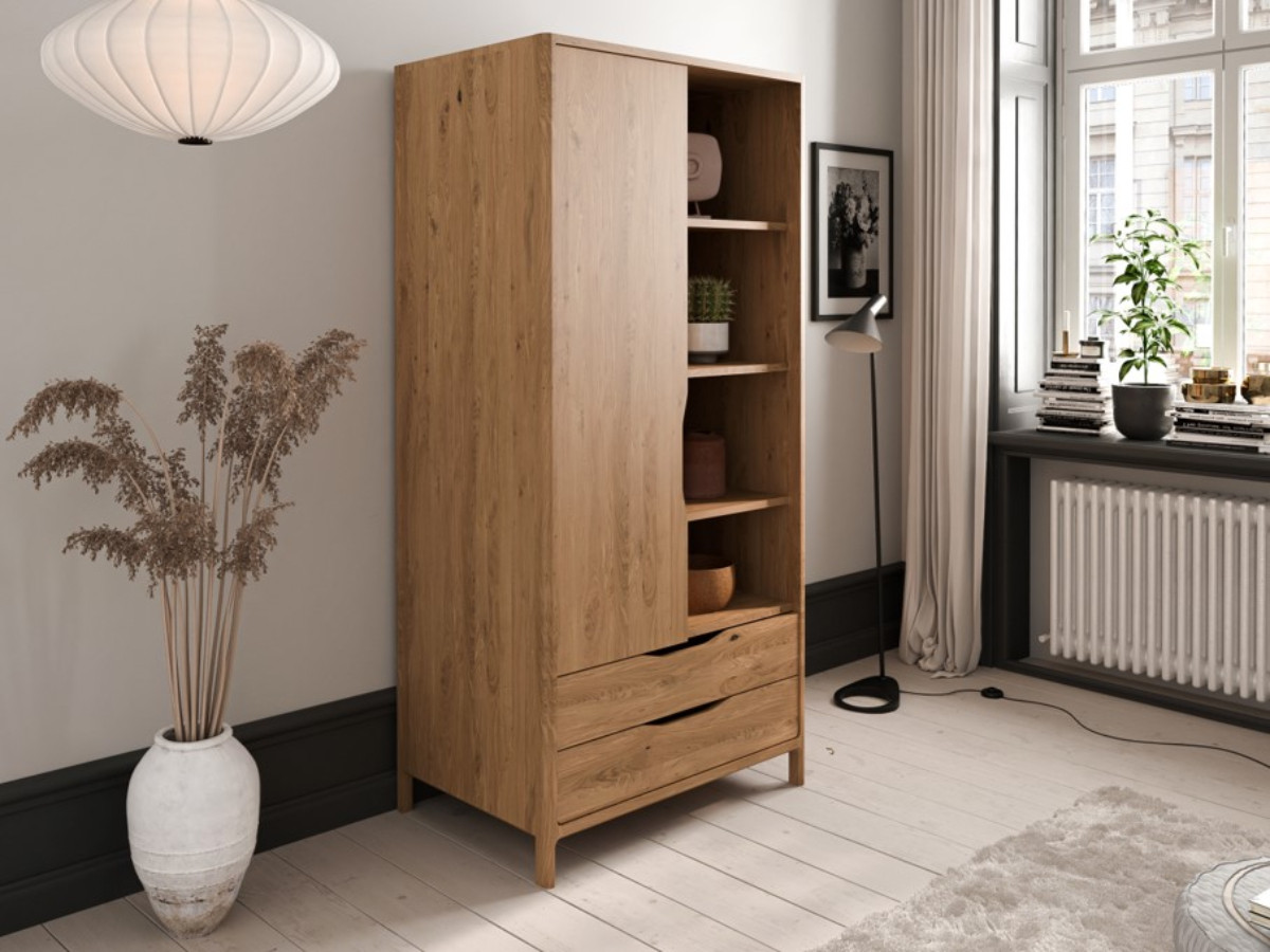 Armoire SOLENE chêne massif 95 cm 1 porte 2 tiroirs    BOBOCHIC