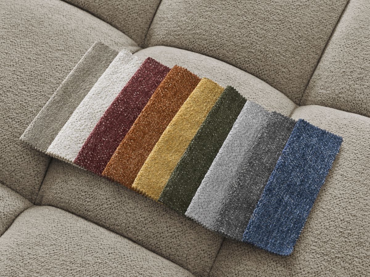 Canapé d'angle fixe EVEREST tissu chiné - Orange - Angle droit - 10 coussins