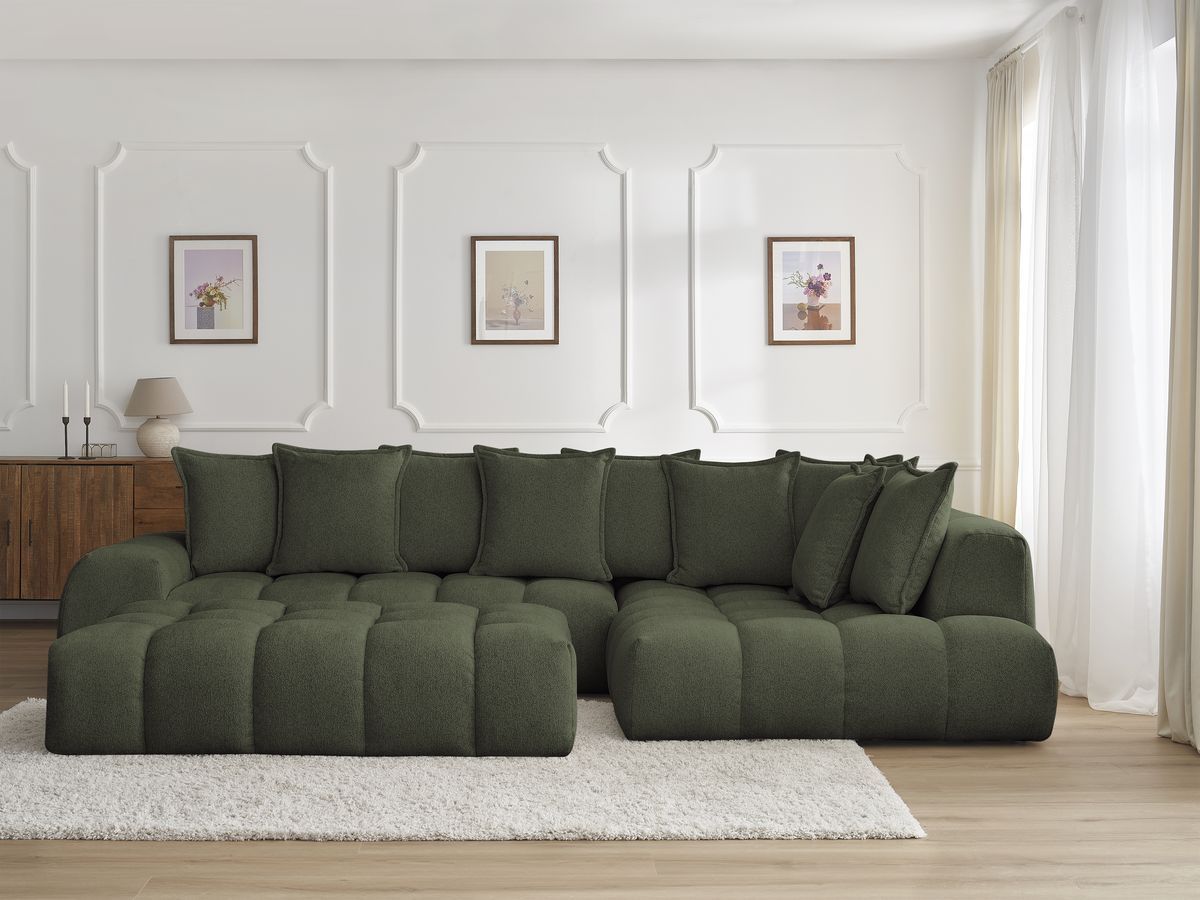 Canapé d'angle fixe EVEREST tissu chiné avec pouf vert angle droit BOBOCHIC 5 places - Vue supplémentaire 3