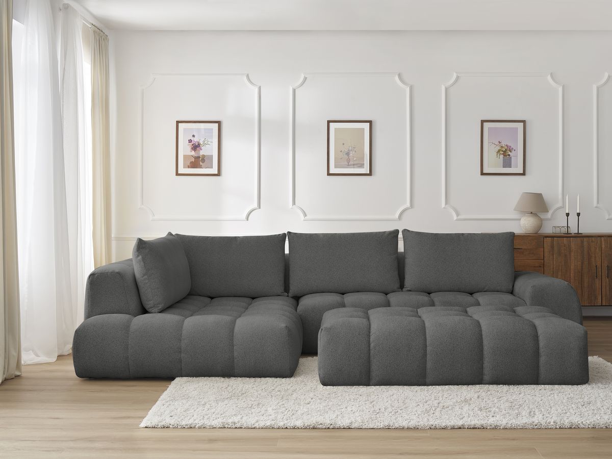 Canapé d'angle fixe EVEREST tissu chiné avec pouf gris foncé angle gauche BOBOCHIC 5 places - Vue supplémentaire 3