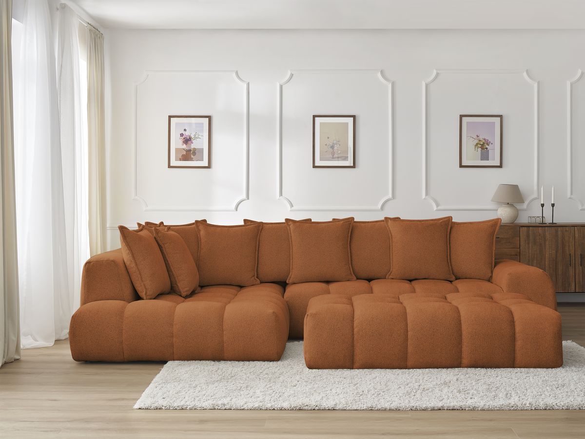 Canapé d'angle fixe EVEREST tissu chiné avec pouf orange angle gauche BOBOCHIC 5 places - Vue supplémentaire 3