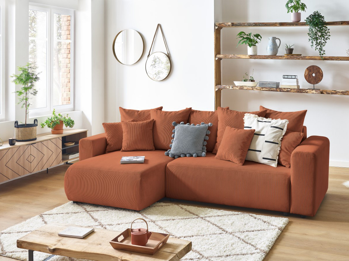 Canapé d'angle fixe EVEREST tissu chiné - Orange - Angle droit - 10 coussins