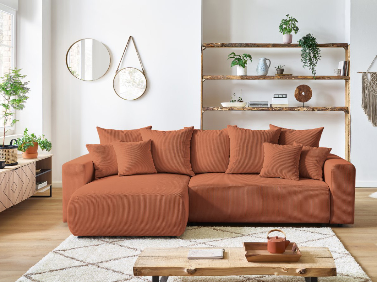 Canapé d'angle fixe EVEREST tissu chiné - Orange - Angle droit - 10 coussins