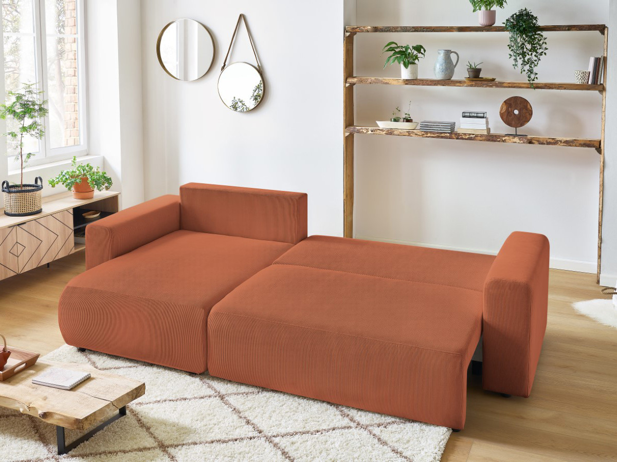 Canapé d'angle fixe EVEREST tissu chiné - Orange - Angle droit - 10 coussins