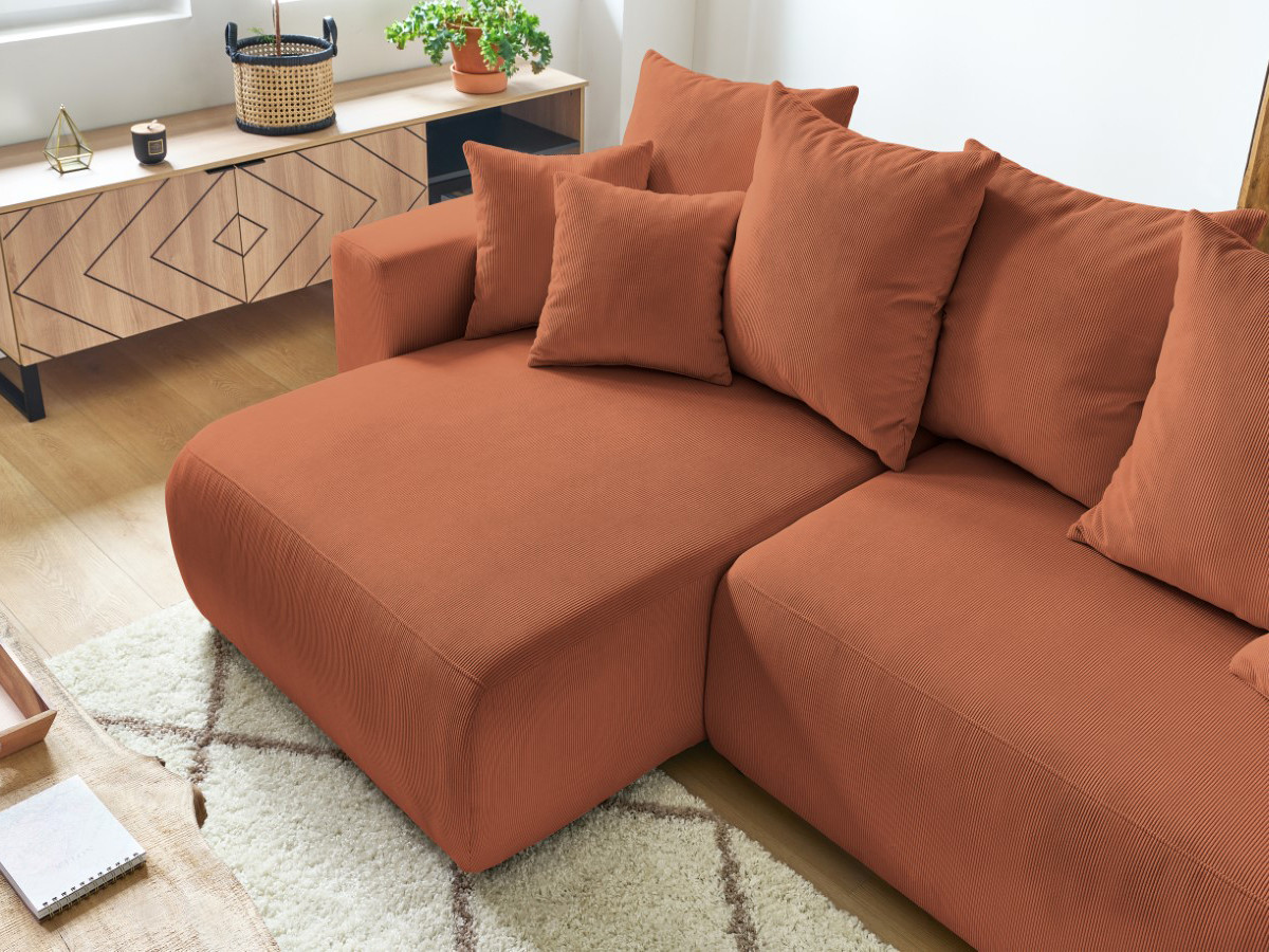 Canapé d'angle fixe EVEREST tissu chiné - Orange - Angle droit - 10 coussins