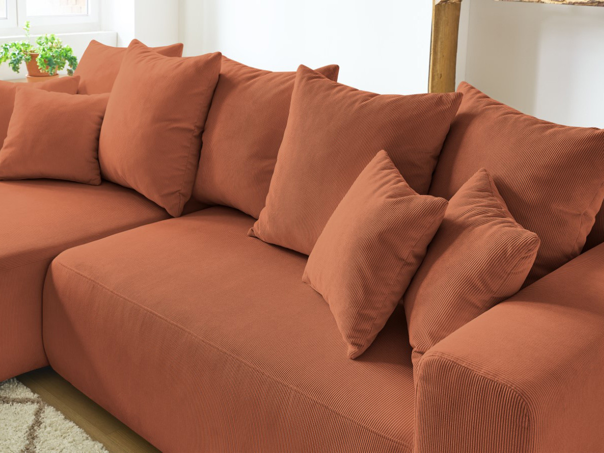 Canapé d'angle fixe EVEREST tissu chiné - Orange - Angle droit - 10 coussins