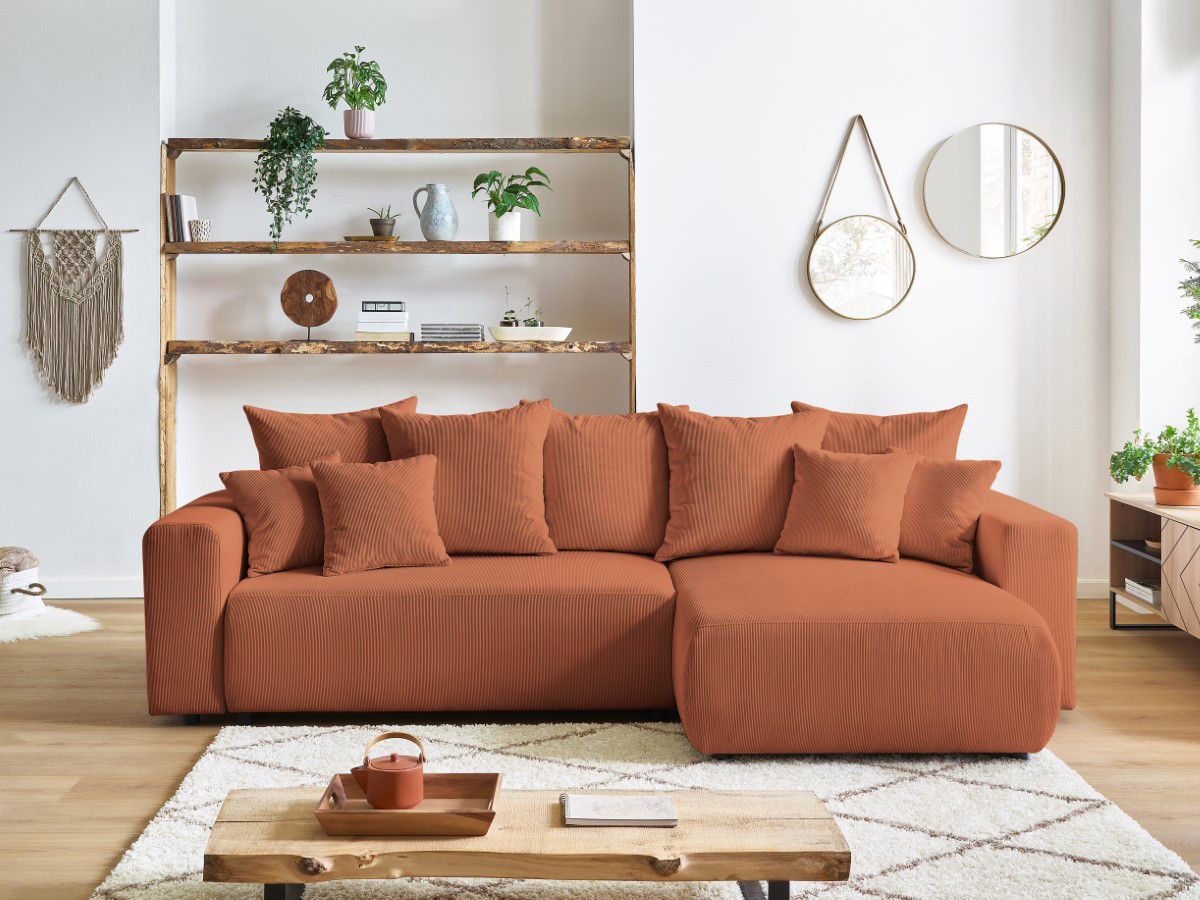 Canapé d'angle fixe EVEREST tissu chiné - Orange - Angle droit - 10 coussins