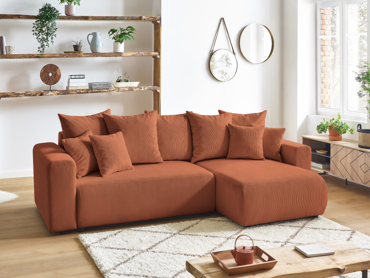 Canapé d'angle fixe EVEREST tissu chiné - Orange - Angle droit - 10 coussins