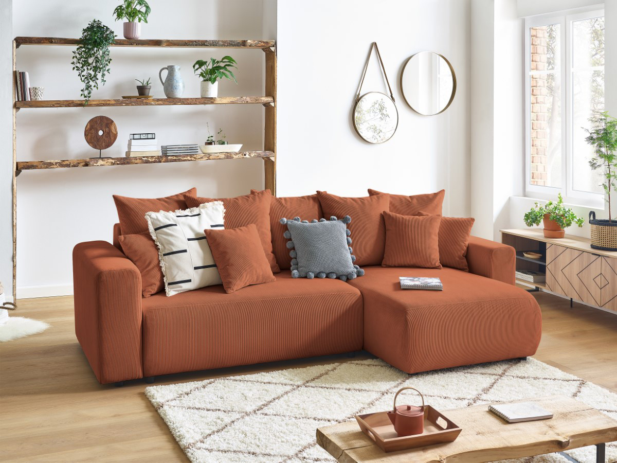 Canapé d'angle fixe EVEREST tissu chiné - Orange - Angle droit - 10 coussins