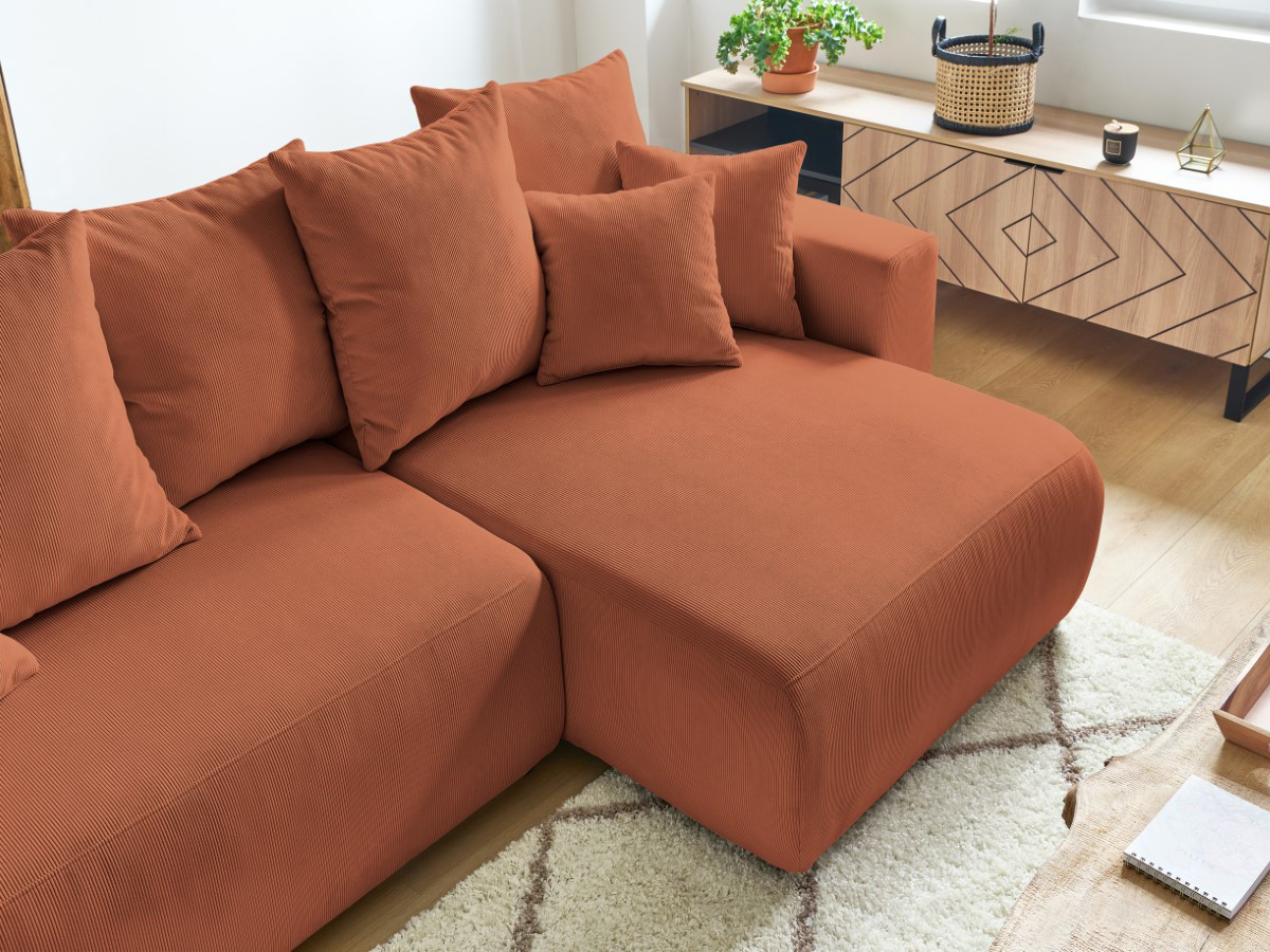 Canapé d'angle fixe EVEREST tissu chiné - Orange - Angle droit - 10 coussins