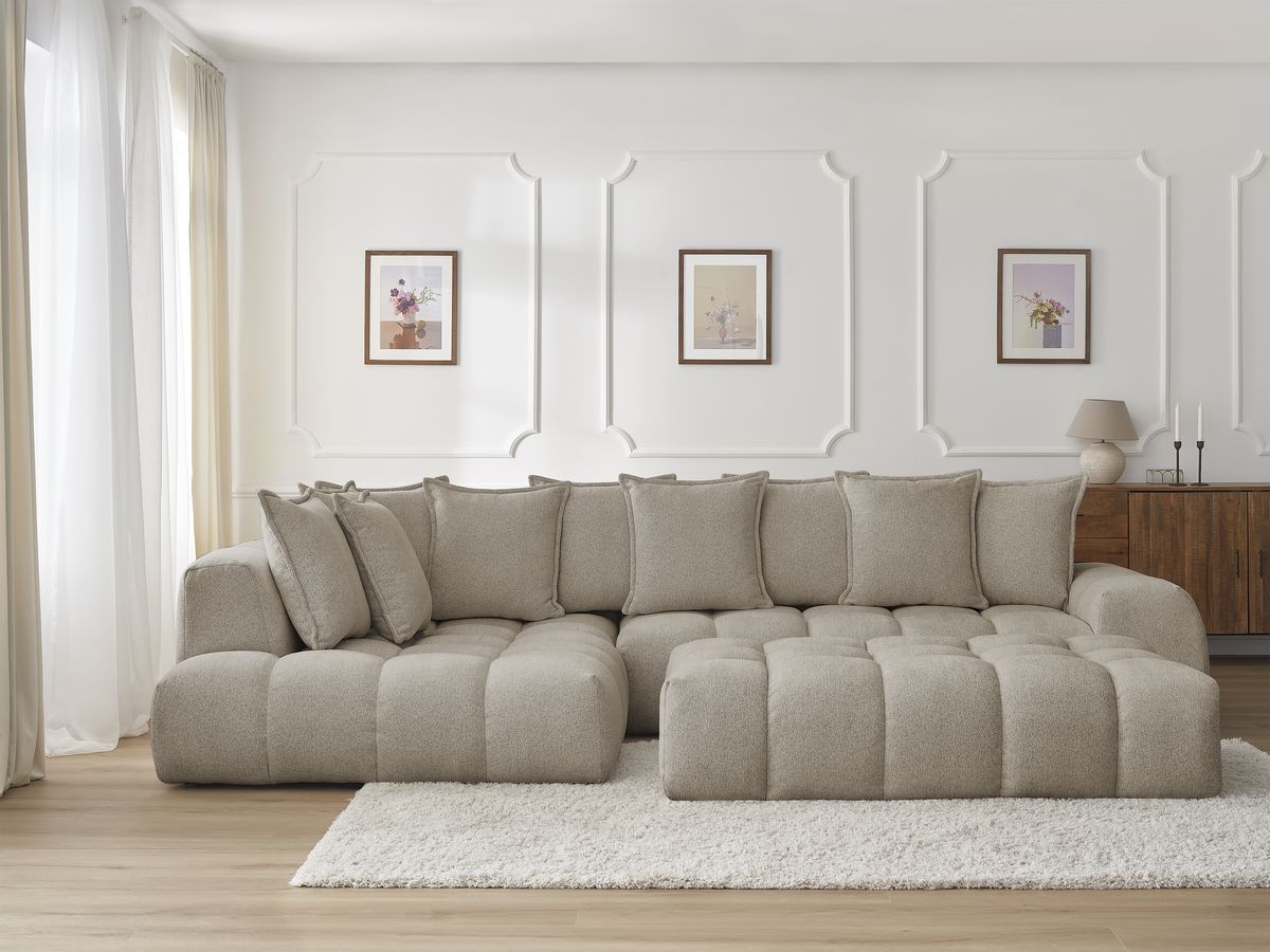 Canapé d'angle fixe EVEREST tissu chiné avec pouf taupe angle gauche BOBOCHIC 5 places - Vue supplémentaire 3