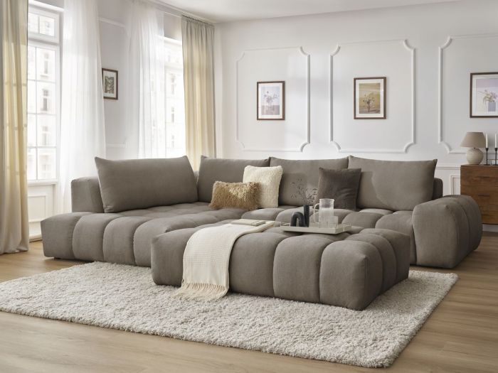 Canapé d'angle fixe EVEREST tissu texturé avec pouf