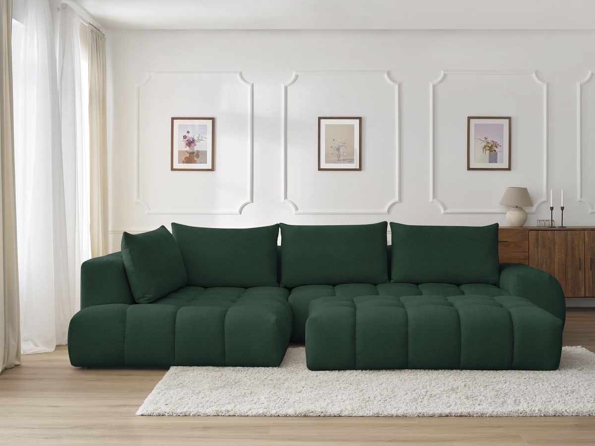 Canapé d'angle fixe EVEREST tissu texturé avec pouf vert angle gauche BOBOCHIC 5 places - Vue supplémentaire 3