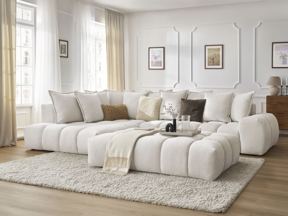 Canapé d'angle fixe EVEREST tissu texturé avec pouf