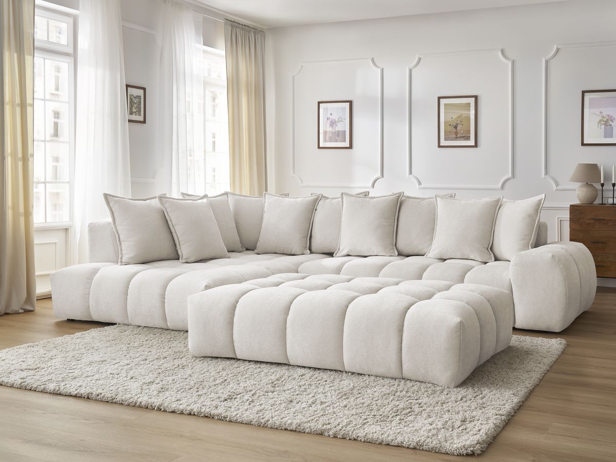 Canapé d'angle fixe EVEREST tissu texturé avec pouf