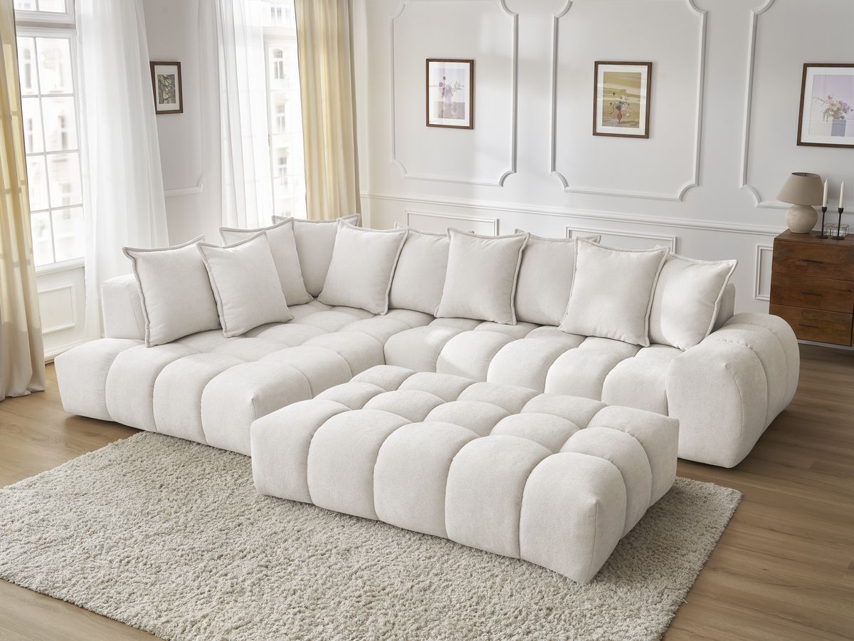 Canapé d'angle fixe EVEREST tissu texturé avec pouf