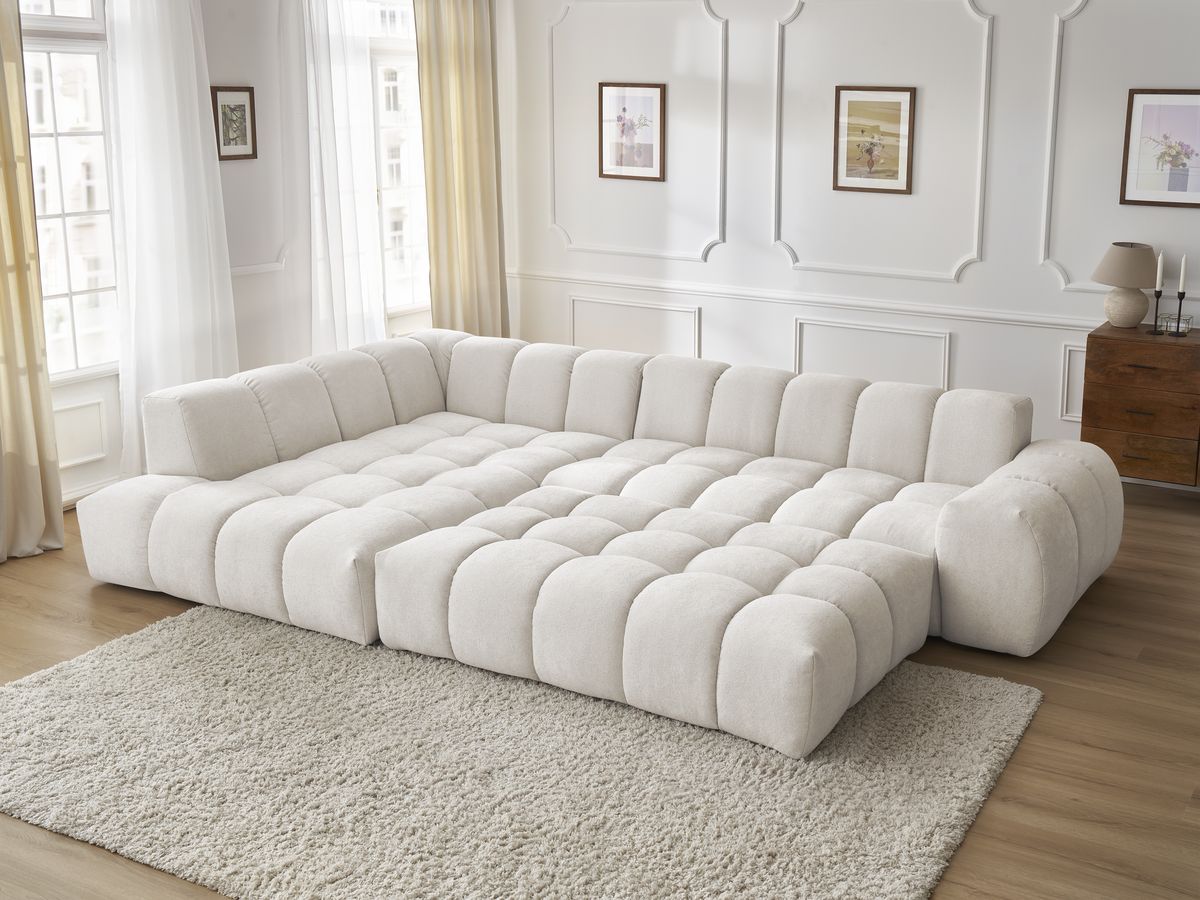 Canapé d'angle fixe EVEREST tissu texturé avec pouf