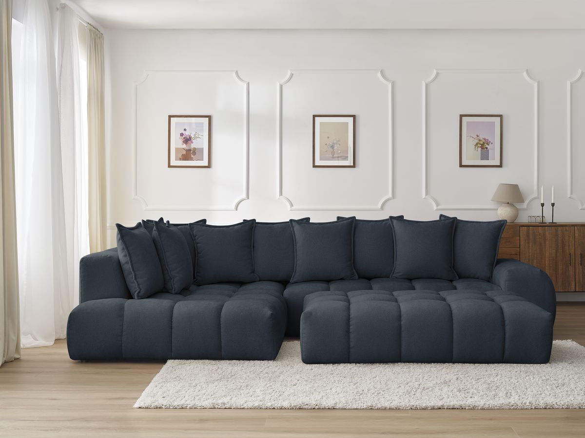 Canapé d'angle fixe EVEREST tissu texturé avec pouf bleu foncé  angle gauche BOBOCHIC 5 places - Vue supplémentaire 3