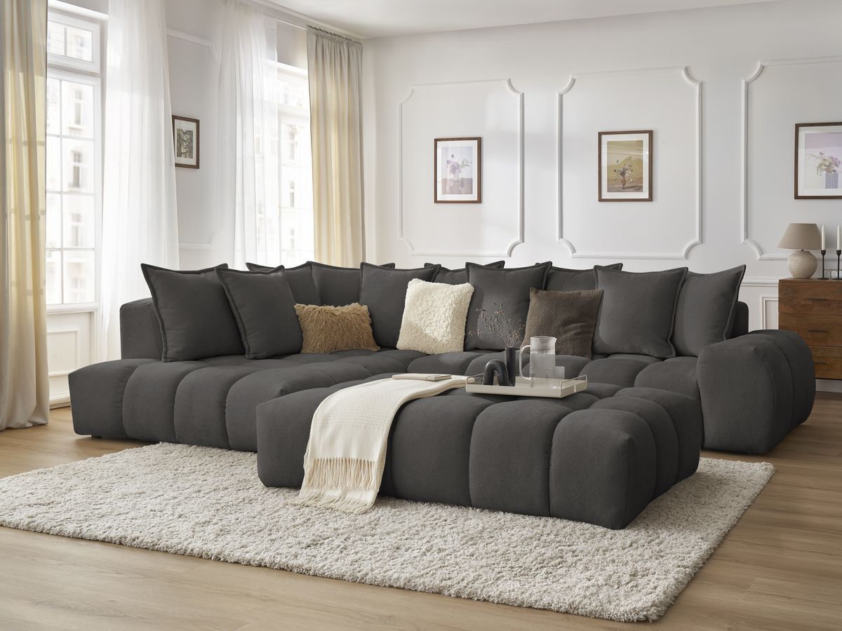 Canapé d'angle fixe EVEREST tissu texturé avec pouf