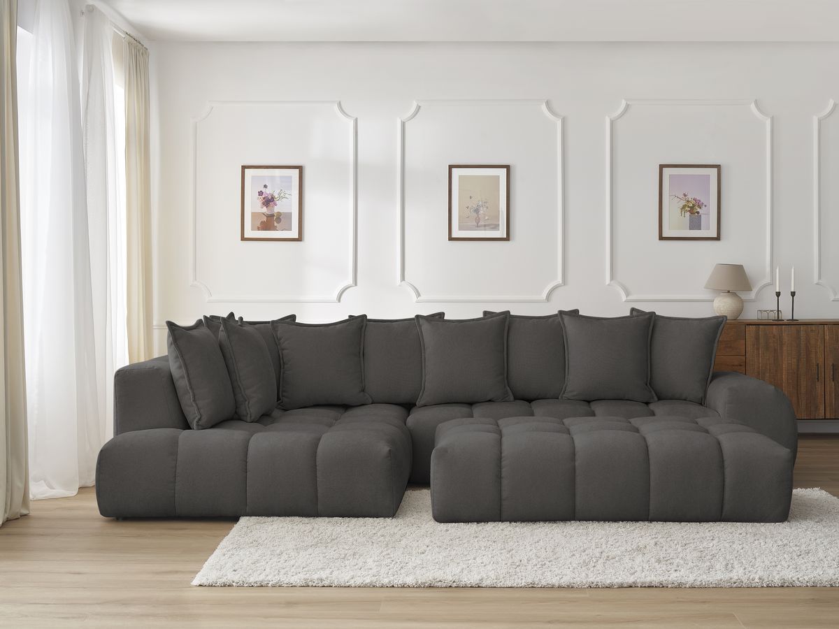 Canapé d'angle fixe EVEREST tissu texturé avec pouf gris foncé angle gauche BOBOCHIC 5 places - Vue supplémentaire 3