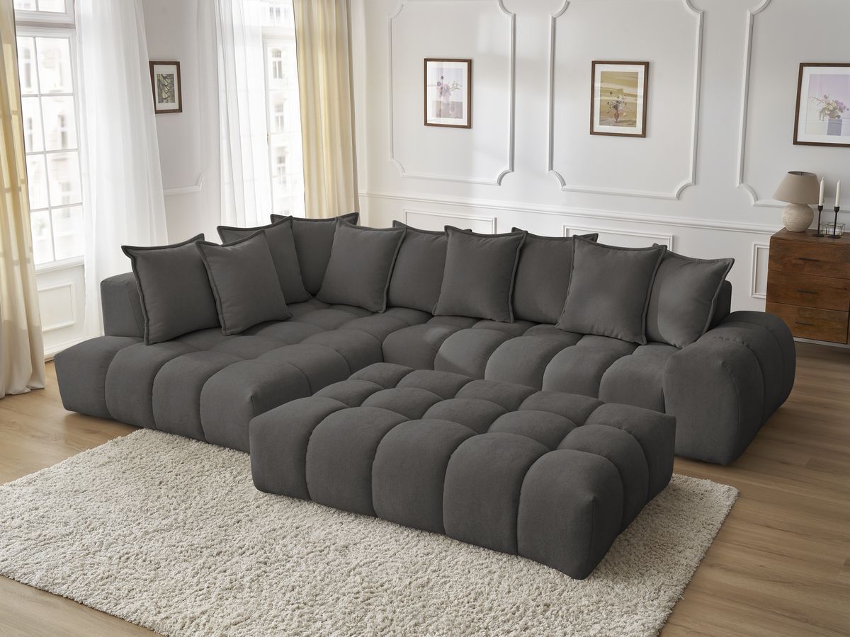 Canapé d'angle fixe EVEREST tissu texturé avec pouf