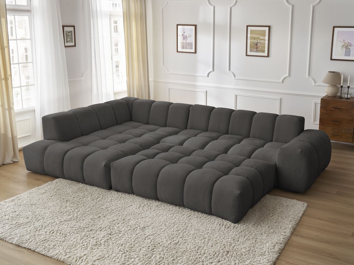 Canapé d'angle fixe EVEREST tissu texturé avec pouf