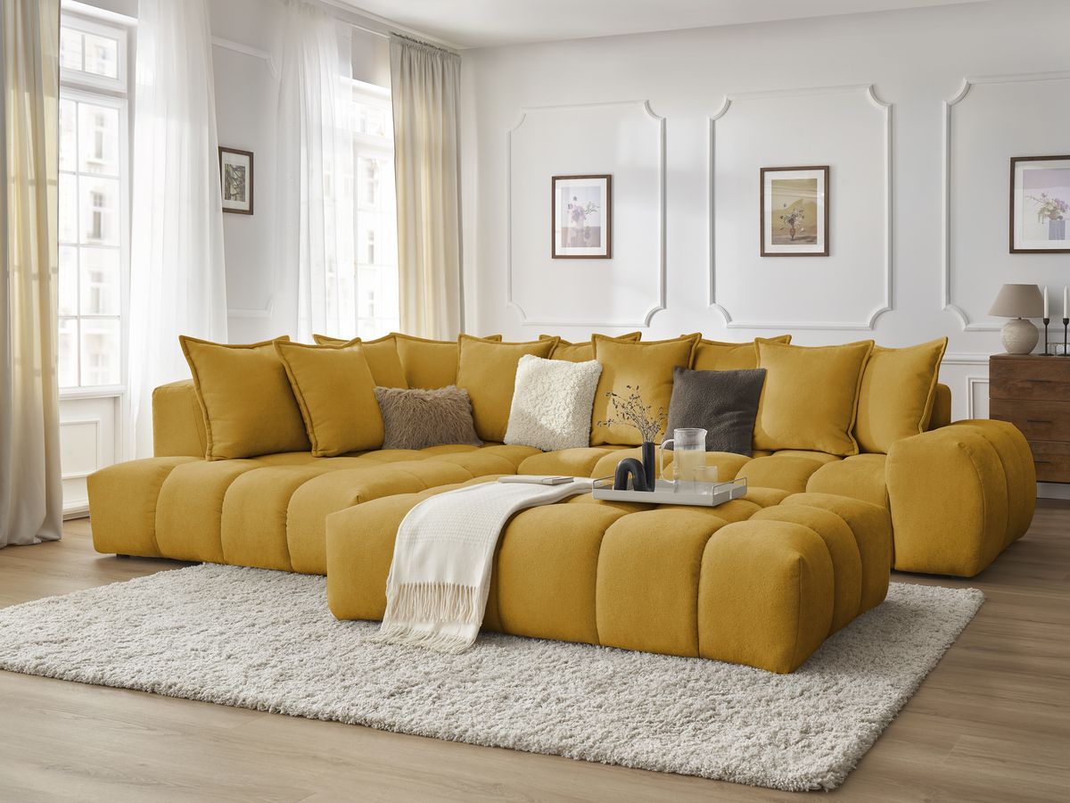 Canapé d'angle fixe EVEREST tissu texturé avec pouf