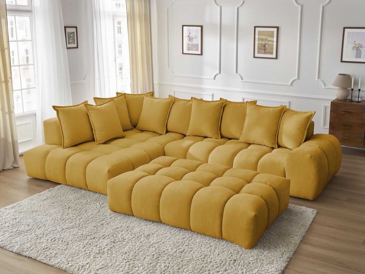 Canapé d'angle fixe EVEREST tissu texturé avec pouf