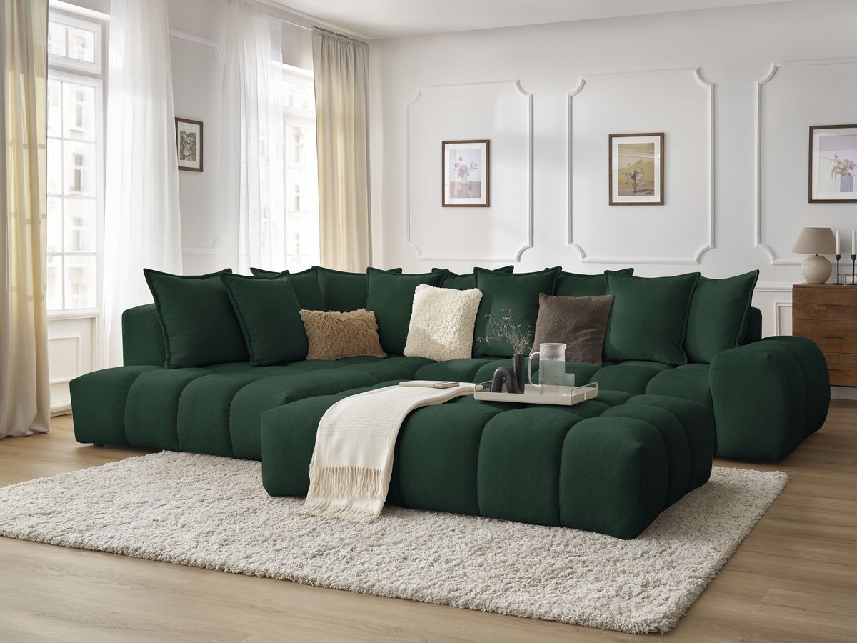 Canapé d'angle fixe EVEREST tissu texturé avec pouf