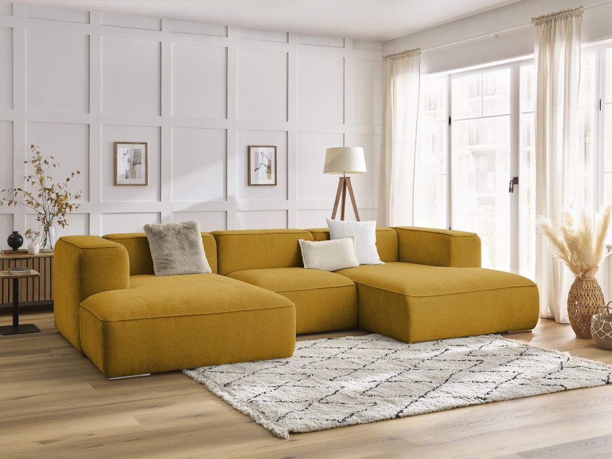 Canapé d'angle fixe EVEREST tissu chiné - Orange - Angle droit - 10 coussins