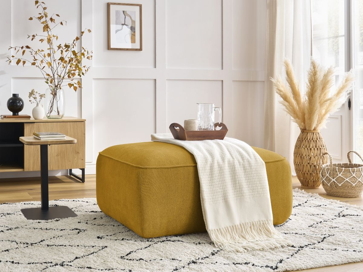 Canapé d'angle fixe EVEREST tissu chiné - Orange - Angle droit - 10 coussins