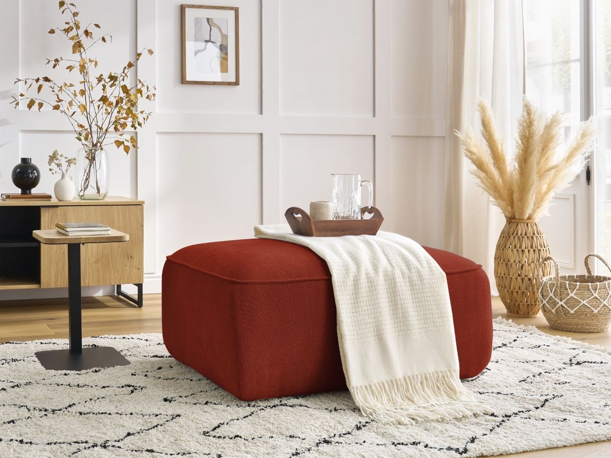 Canapé d'angle fixe EVEREST tissu chiné - Orange - Angle droit - 10 coussins