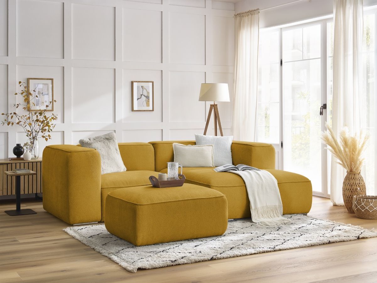 Canapé d'angle fixe EVEREST tissu chiné - Orange - Angle droit - 10 coussins