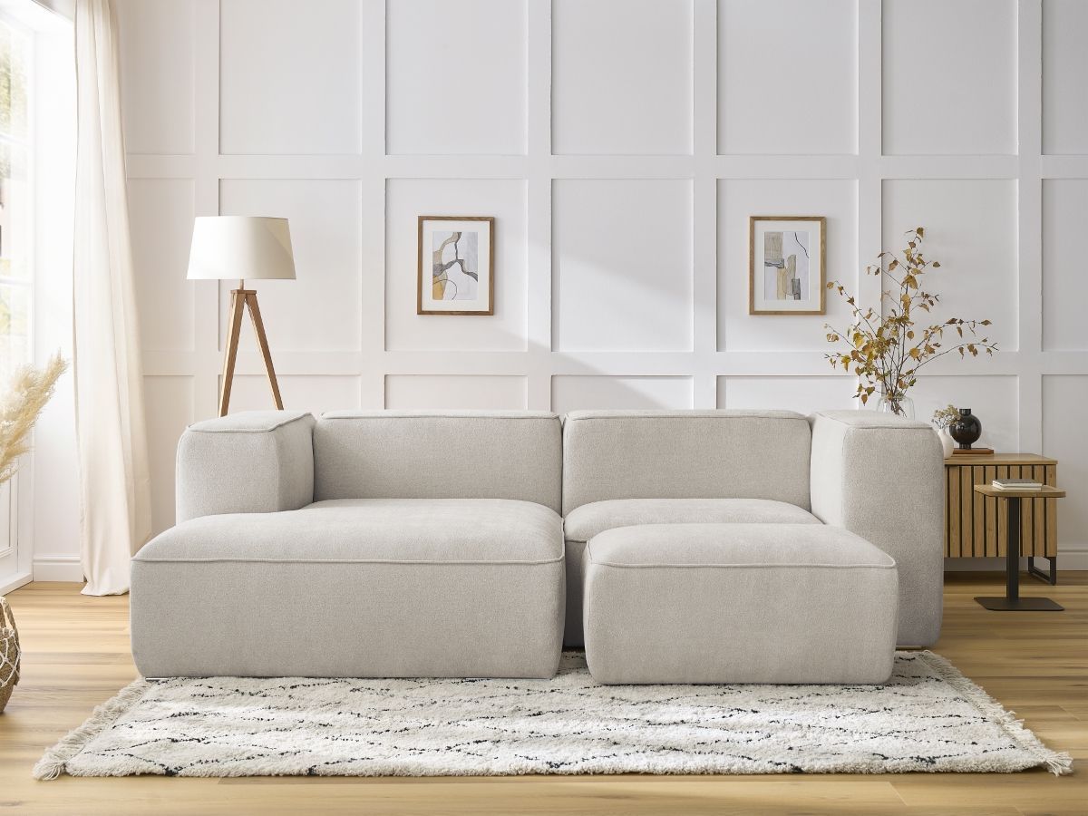Canapé d'angle fixe compact ZEPHYR avec pouf beige angle gauche BOBOCHIC 4 places - Vue supplémentaire 3