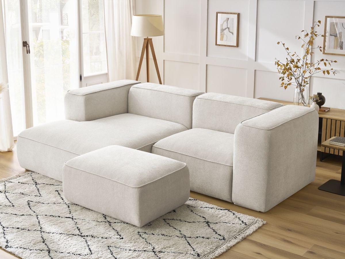 Canapé d'angle fixe compact ZEPHYR avec pouf
