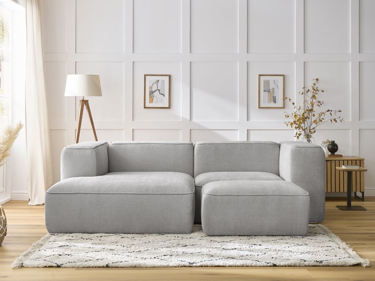 Canapé d'angle fixe compact ZEPHYR avec pouf gris clair angle gauche BOBOCHIC 4 places - Vue supplémentaire 3