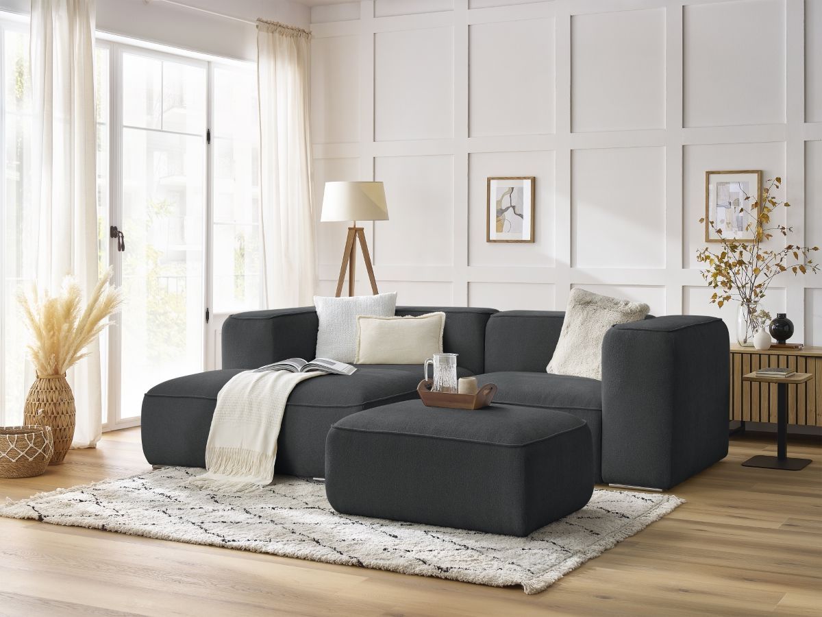 Canapé d'angle fixe compact ZEPHYR avec pouf