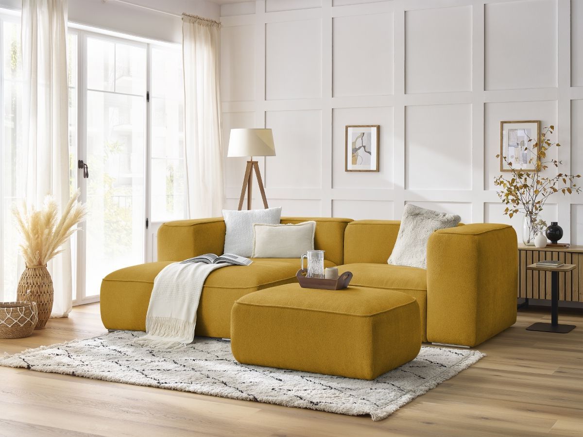 Canapé d'angle fixe compact ZEPHYR avec pouf