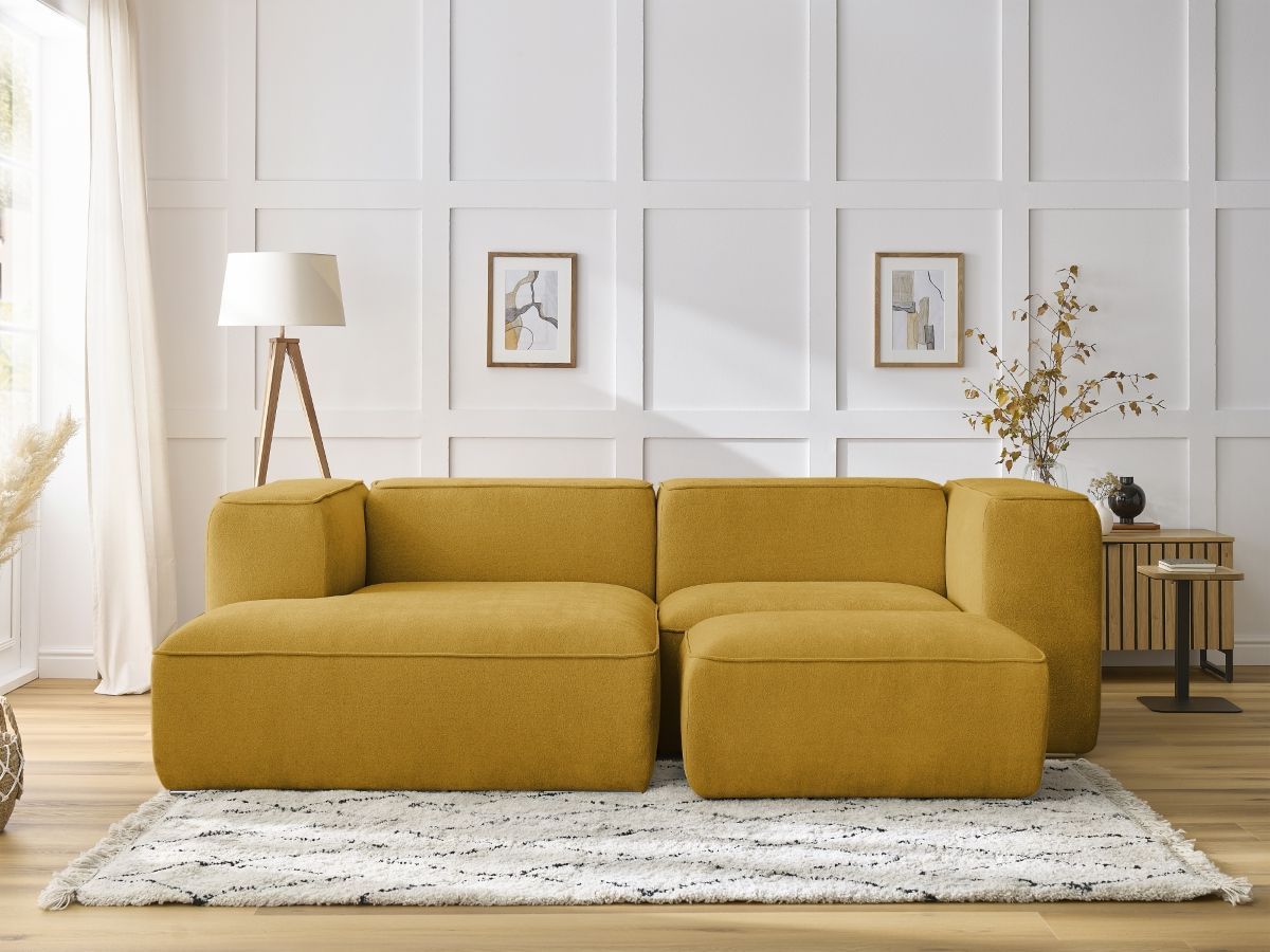 Canapé d'angle fixe compact ZEPHYR avec pouf jaune angle gauche BOBOCHIC 4 places - Vue supplémentaire 3