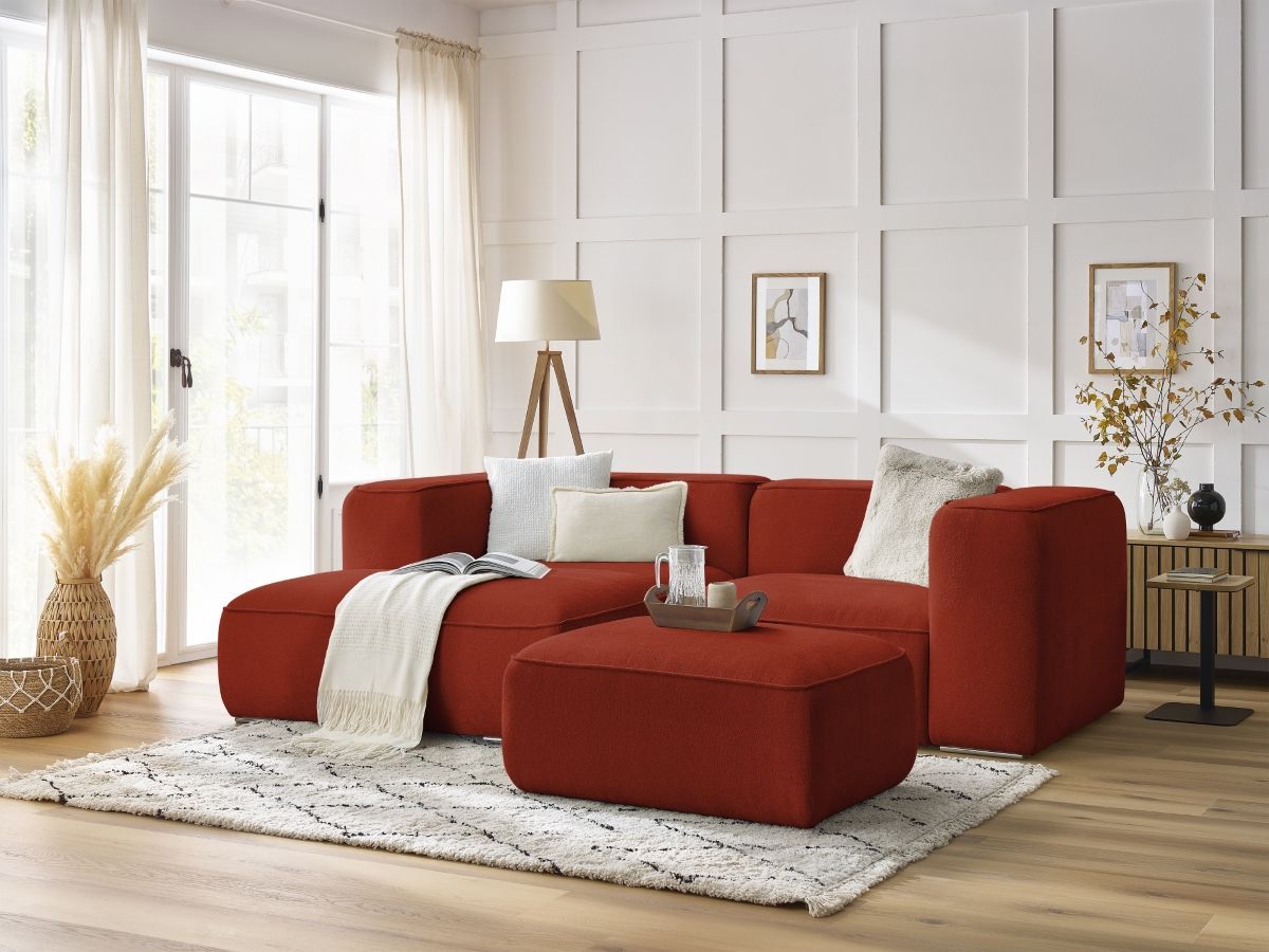 Canapé d'angle fixe compact ZEPHYR avec pouf
