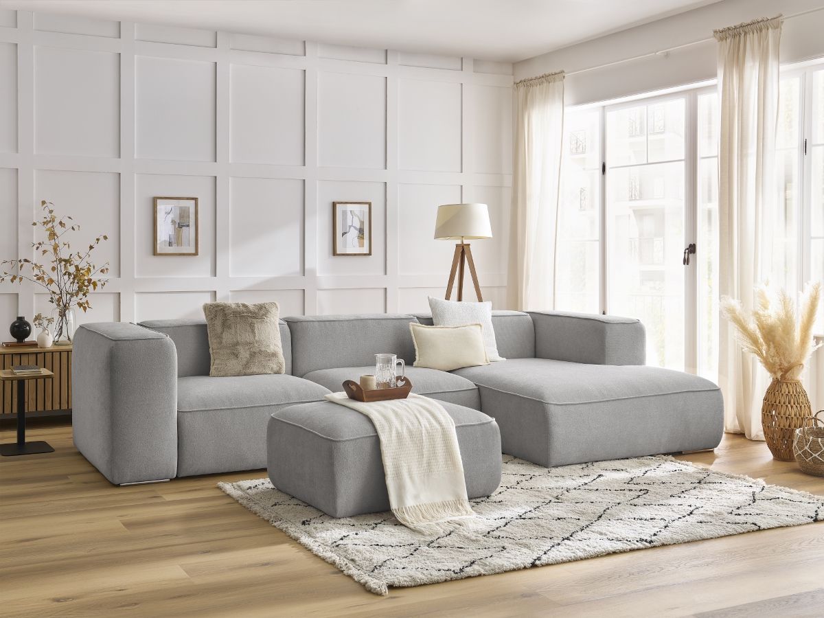 Canapé d'angle ZEPHYR avec pouf gris clair